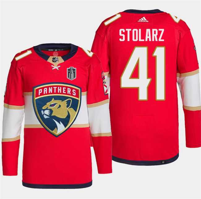 Mens Florida Panthers #41 Anthony Stolarz Red 2024 Stanley Cup Final Patch Stitched Jersey Dzhi->florida panthers->NHL Jersey